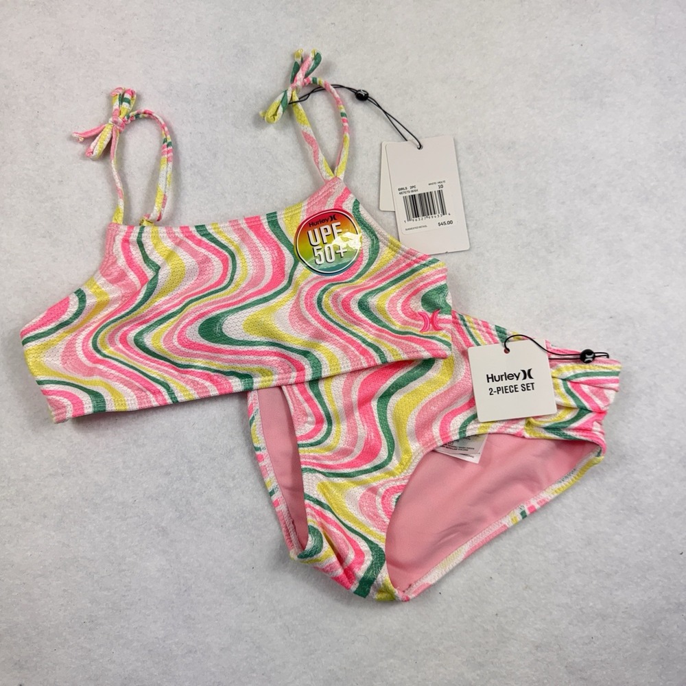 Hurley Bikini Set Girls 10 White Multi‎ Swirl UPF 50+ Psychedelic Retro Groovy